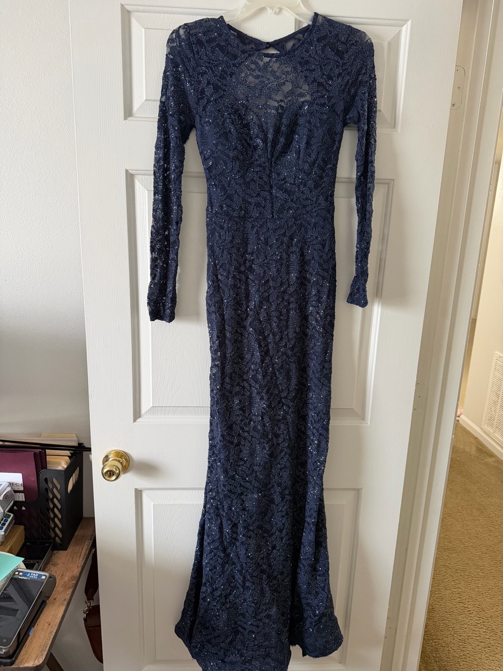 B.darlin navy blue glitter lace long sleeve formal maxi dress 5/6